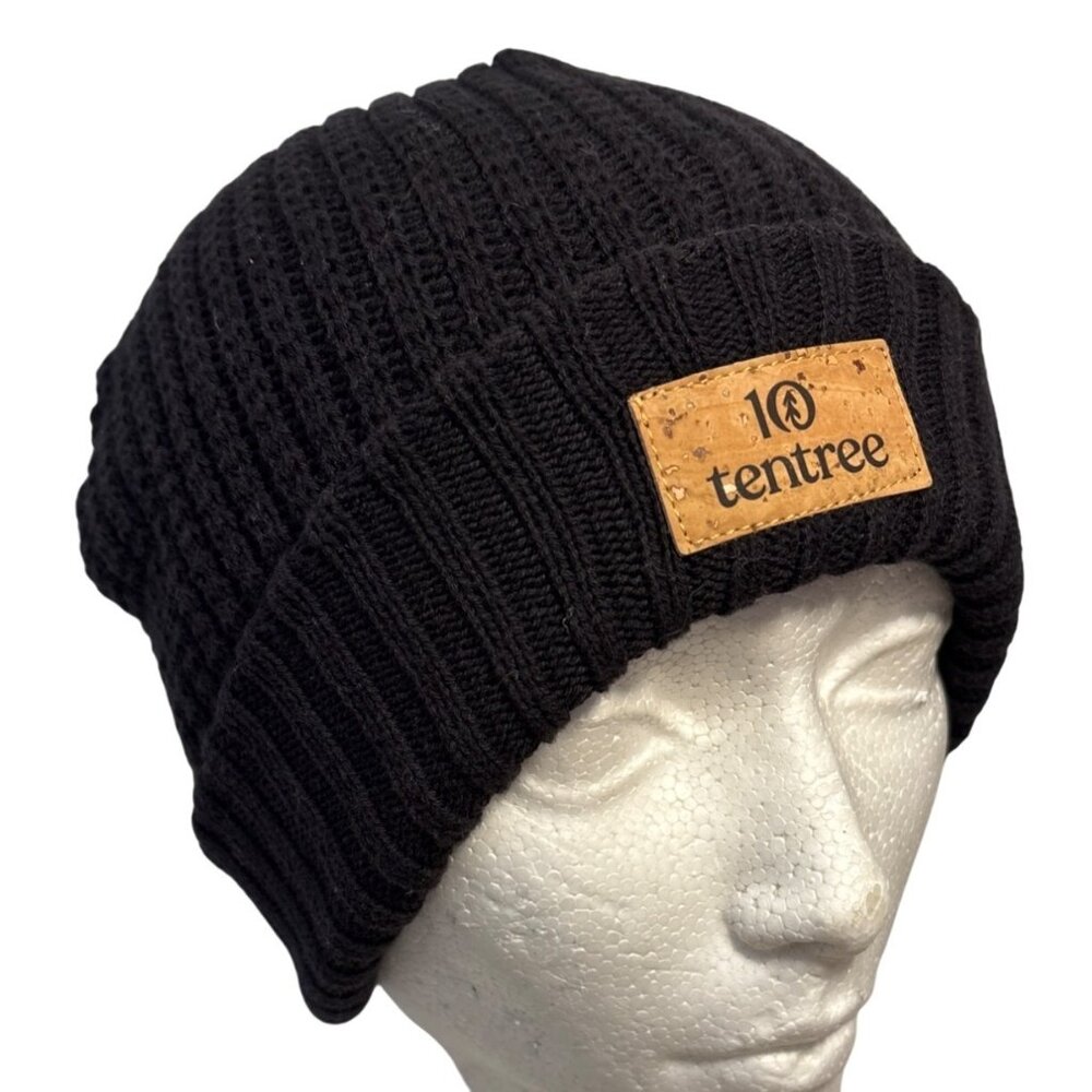 Tentree Touque Hat Black Ribbed Organic Cotton Knit Beanie With Logo Patch